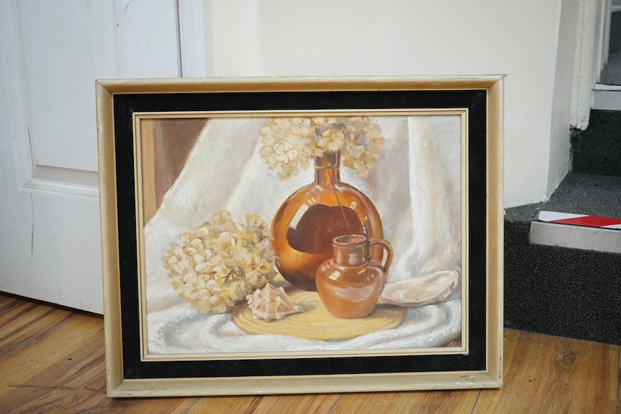 A. Leybourne Popham, oil on board, Still life, ‘Little Brown Jug’, signed with monogram, label verso, 29 x 39cm. Condition - good